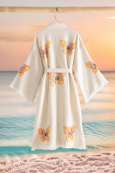 VAROL Organic 100% Cotton Kimono Collar Sabali Bathrobe Beach Dress - Butterfly - L/Xl