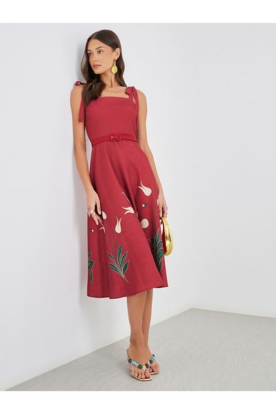 Styli Floral Print Strappy A-Line Midi Dress with Fabric Belt