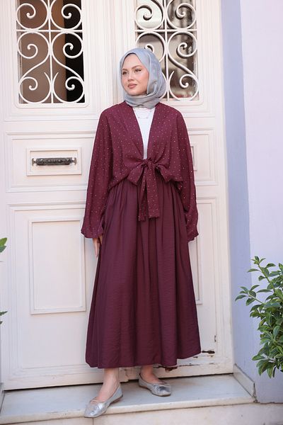 LOCCO Women's Stone Detail Tie Suit Burgundy