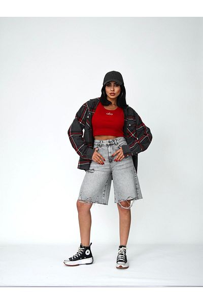 Zeo Basic Women's Long Bermuda Jeans Shorts with Slit Detail Midi Size Gray