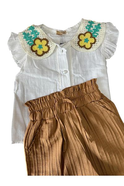 Kamex Embroidery Baby Collar Short Sleeve T-Shirt Shorts Girl's Set