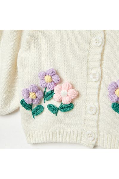 Juniors Floral Embroidered Cardigan with Button Closure and Puff Sleeves