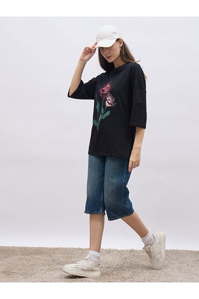 Styli Black Graphic Print Oversized T-Shirt