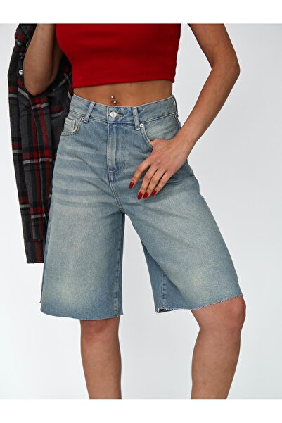 Zeo Basic KADIN UZUN BERMUDA KOT ŞORT YIRTIK DETAYLI MİDİ BOY TİNT