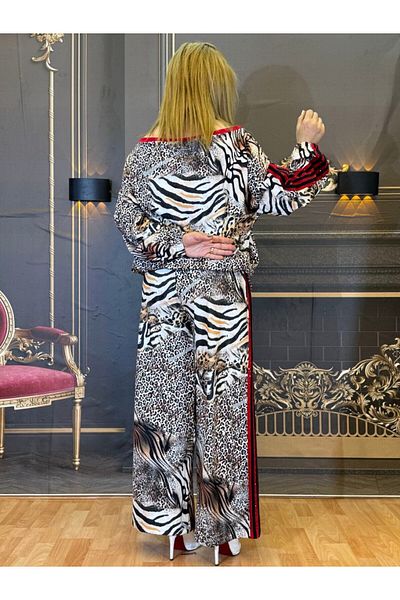 Yeşilmoda Suit,Blouse and Pants,Leopard Print,Crepe,High Waist,Wide Leg,Pockets,Sports,Women,Lycra,Boat Neck
