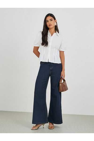 Styli Solid Puff Sleeve Pleated Detail Shirt