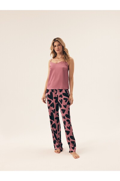 ESOTIQ Set pijamale din satin pentru femei, format din 2 piese, top scurt și pantaloni lungi, largi, model romantic cu inimă | Jenya
