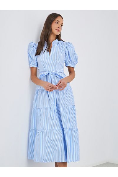 Styli Striped Puff Sleeves Tiered Midi Dress with Self-Tie Belt