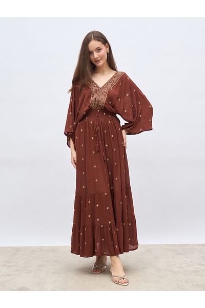 Styli Embroidered Ruffled Hem Smocked Detail A-Line Maxi Dress