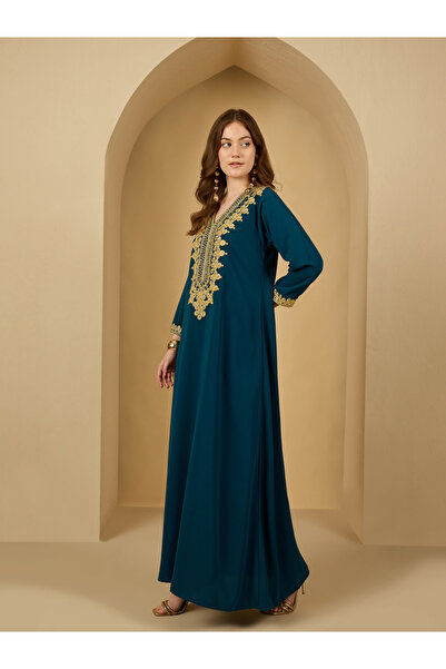 Styli Embellished Lace Detail V Neck Jalabiya