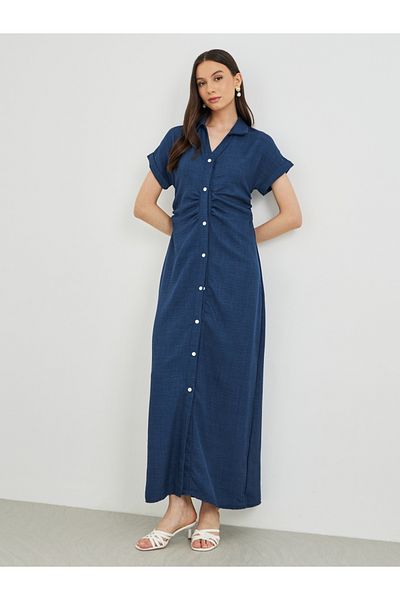 Styli Solid Collared Buttoned Shirt Maxi Dress