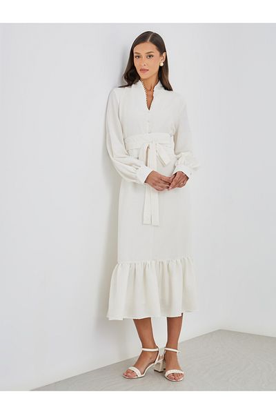 Styli Women White Plain Belted A-Line Midi Dress
