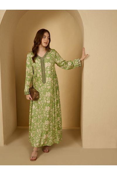 Styli Floral Print Lace Detail Pleated Jalabiya