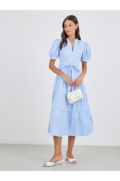 Styli Striped Puff Sleeves Tiered Midi Dress with Self-Tie Belt