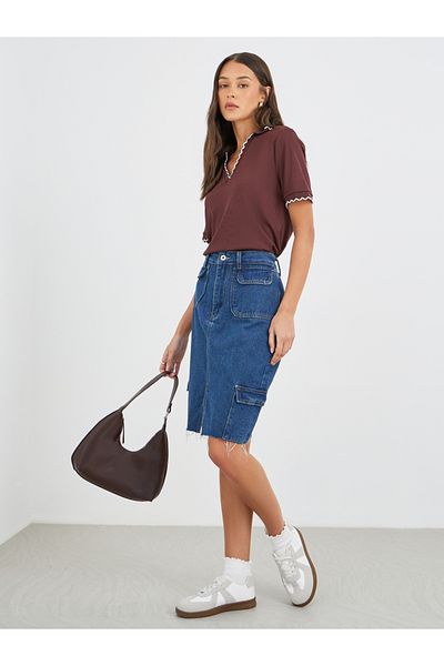 Styli Rib Knit Short Sleeve Polo Neck Top