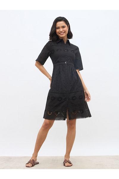 Styli Schiffli Embroidered Shirt Collar Mini Dress