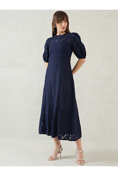 Femmella By Styli Navy Blue Solid Lace Puff Sleeves A-Line Maxi Dress
