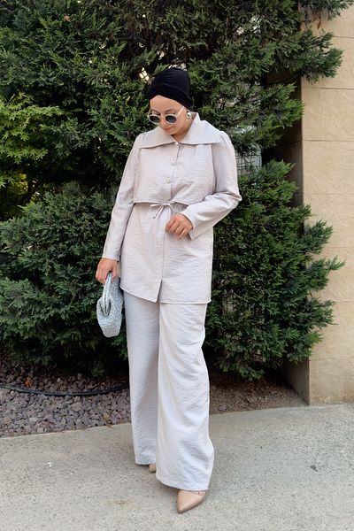 LOCCO Women's Stone Button Detailed Suit Light Gray