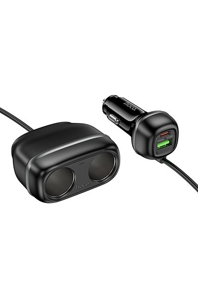 REDz Accessories Încărcător auto cu cablu prelungitor 0.75M, Hoco Z59, USB + Tip-C, 2 prize brichetă, 240W, Negru