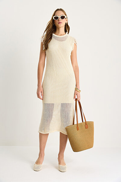 Bianco Lucci Women's Openwork Sleeve Detailed Lined Knitwear Dress 20251038