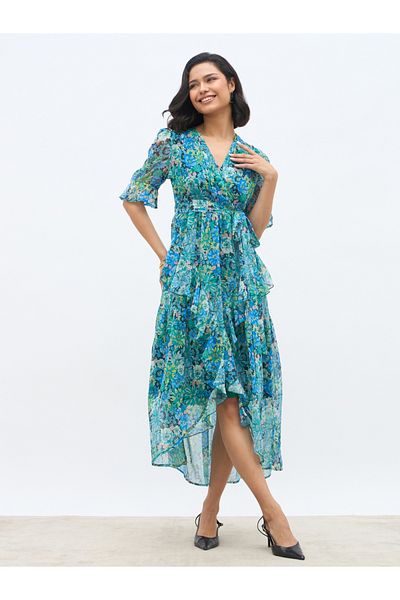 Styli All-Over Floral Print Ruffle Trim Chiffon A-Line Maxi Dress