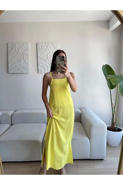 Zoom Butik Slit Linen Strap Dress - Yellow