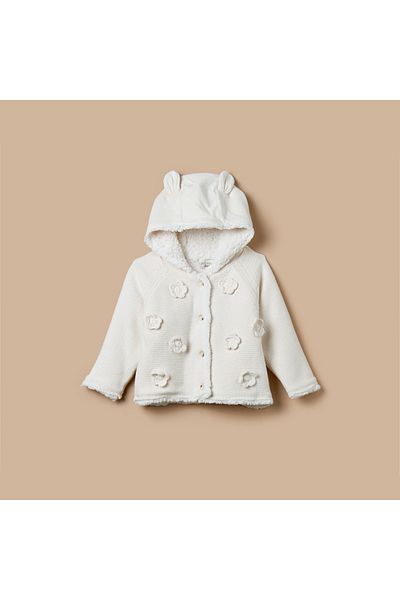 Juniors Floral Embroidered Hooded Cardigan with Long Sleeves and Button Closure