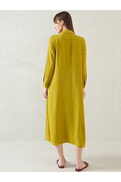 Femmella By Styli Green Solid Long Sleeve Shirt Midi Dress with Button Front