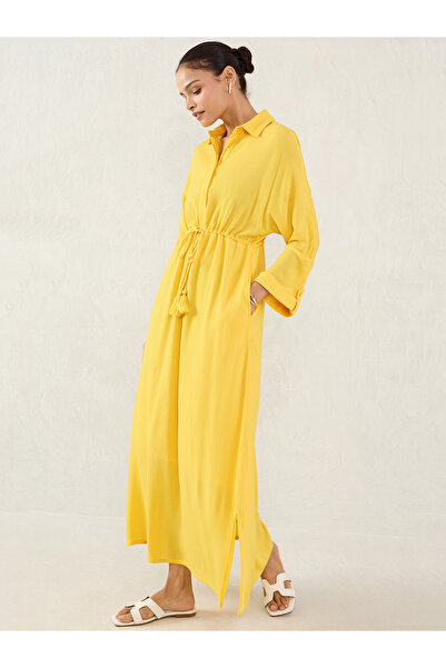 Femmella By Styli Yellow Crinkled Collared A-Line Maxi Dress with Drawstring Waist
