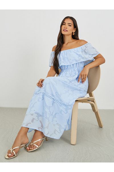 Styli Lace Detail Off Shoulder Tiered Midi Dress