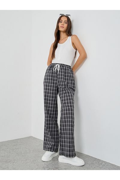 Styli Checked Print Wide Leg Pants with Drawstring