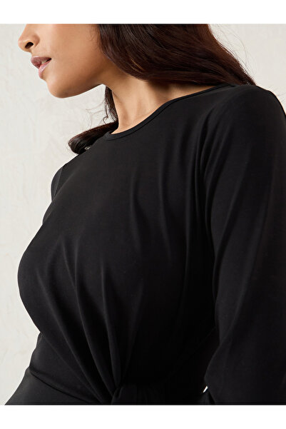 Femmella By Styli Black Solid Knit Sheath Maxi Dress with Knot Detail