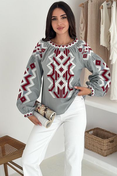 FEMELLE Women's Balloon Sleeve Round Neck Ethnic Pattern Embroidery Embroidered Cotton Blouse