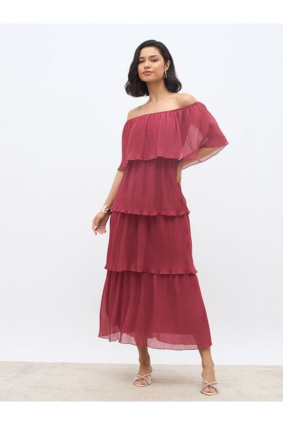 Styli Solid Off-Shoulder Tiered Maxi Dress
