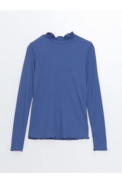 LC Waikiki Blue Stand Collar Textured Women's Bodysuit