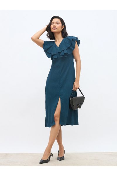 Styli Solid Ruffled Detail V-Neck A-Line Midi Dress