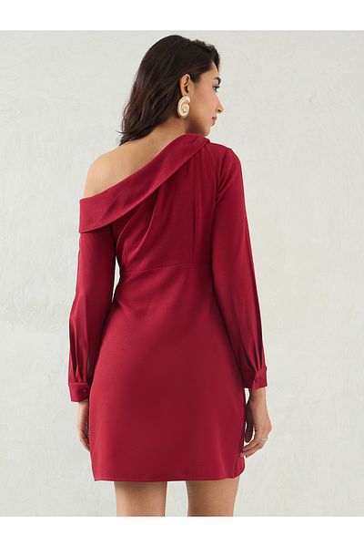 Femmella By Styli Maroon Solid One Shoulder Wrap Look A-Line Mini Dress