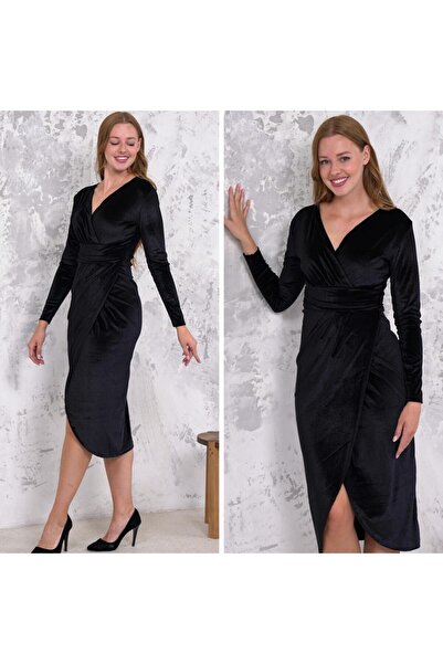 Asil Acar Home Дамска миди рокля с V-образно деколте и дълги ръкави от плат 