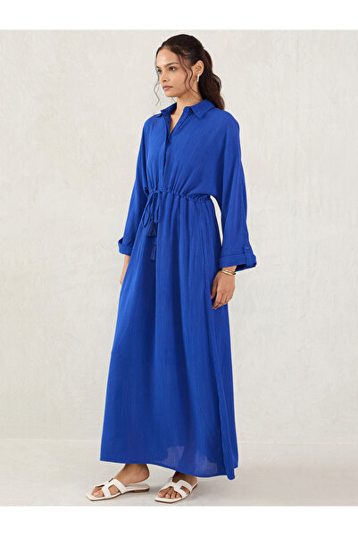 Femmella By Styli Blue Crinkled Collared A-Line Maxi Dress with Drawstring Waist