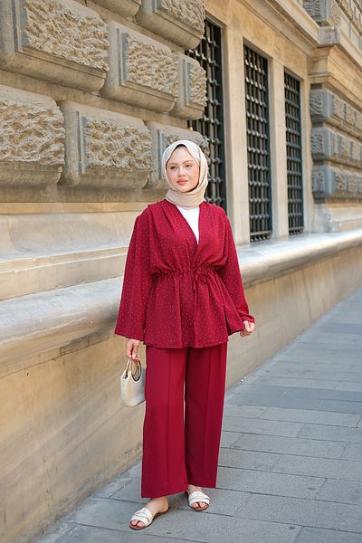 LOCCO Women's Front Tie Stone Detail Double Suit Claret Red