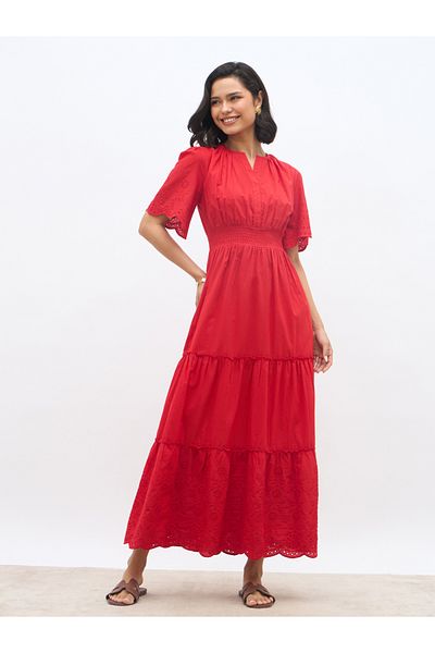 Styli Schiffli Trim Smocked Detail Tiered Maxi Dress