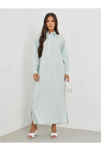 Styli Striped Spread Collar Long Sleeve Maxi Dress