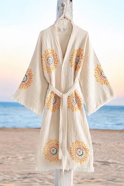 VAROL Organic 100% Cotton Kimono Collar Bathrobe Beach Dress - Lemura - L/Xl