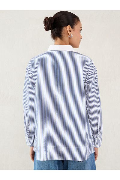 Femmella By Styli Navy Striped Contrast Collar Buttoned Shirt