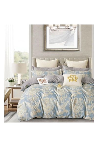 OEM Lenjerie pat dublu, 6 piese, 2 persoane, 180x200cm, Finet Satinat, Imprimeu Elegant, Albastru-Bej