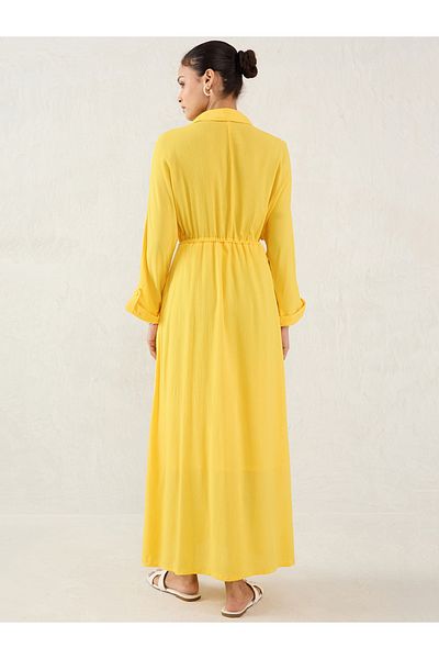 Femmella By Styli Yellow Crinkled Collared A-Line Maxi Dress with Drawstring Waist