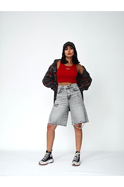 Zeo Basic Women's Long Bermuda Jeans Shorts with Slit Detail Midi Size Gray