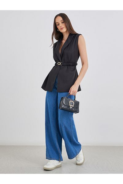 Styli Women Black Regular Fit Longline Sleeveless Belted Blazer