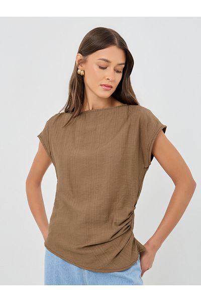 Styli Textured Linen Look Blouse with Side Ruched Detail
