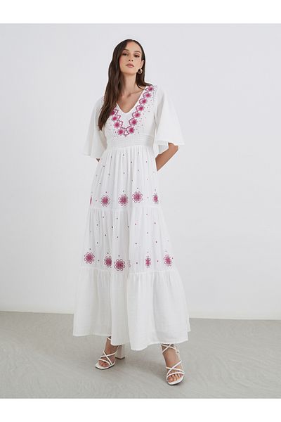 Styli Embroidered Bell Sleeves Tiered Maxi Dress